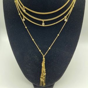 Gold Tone Multi Layer Crystal and Tassel Necklace